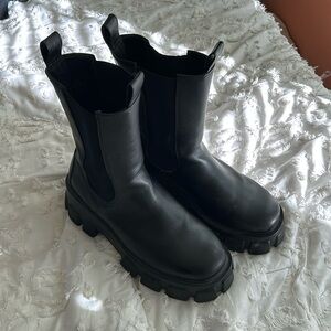 Pretty little thing black wide fit extreme chunky sole calf high Chelsea boots